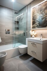 Fototapeta na wymiar Luxury & Modern Bathroom with Glass and a Mirror, made of Wood.
