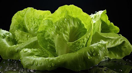 Fresh green lettuce splashed with water on a blurry black background