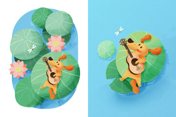 Puppy playing guitar on lotus leaf