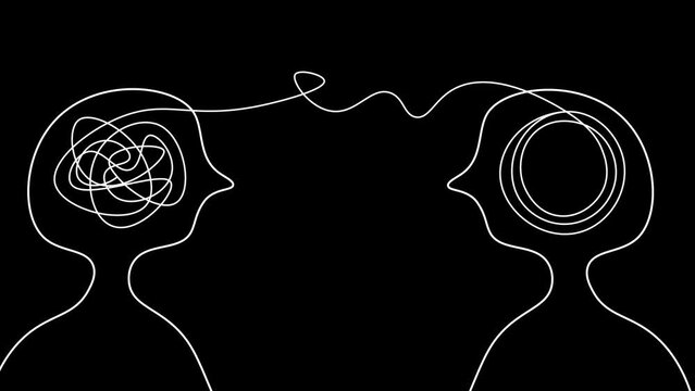 Two Different Personality Concept with Tangled Line Drawing in black background. Two Head with complicated and circular Brain. Mental Health, Psychology and Mind Care. Animation, alpha 