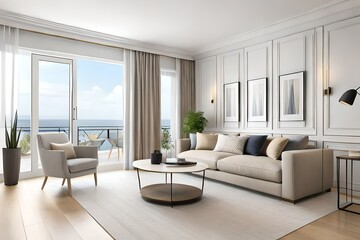 Naklejka na ściany i meble Interior design spacious bright studio apartment in Scandinavian style and warm pastel white and beige colors. Trendy furniture in the living area. 3d rendering