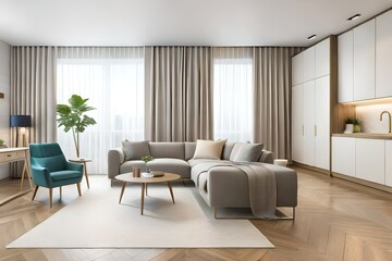 Fototapeta na wymiar Interior design spacious bright studio apartment in Scandinavian style and warm pastel white and beige colors. Trendy furniture in the living area. 3d rendering