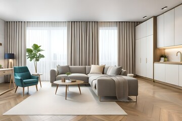 Fototapeta premium Interior design spacious bright studio apartment in Scandinavian style and warm pastel white and beige colors. Trendy furniture in the living area. 3d rendering