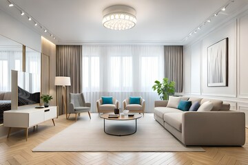 Fototapeta premium Interior design spacious bright studio apartment in Scandinavian style and warm pastel white and beige colors. Trendy furniture in the living area