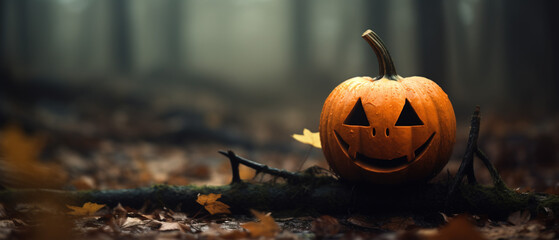 Carved out glowing orange halloween pumpkin jack o lantern in the forest with copy space