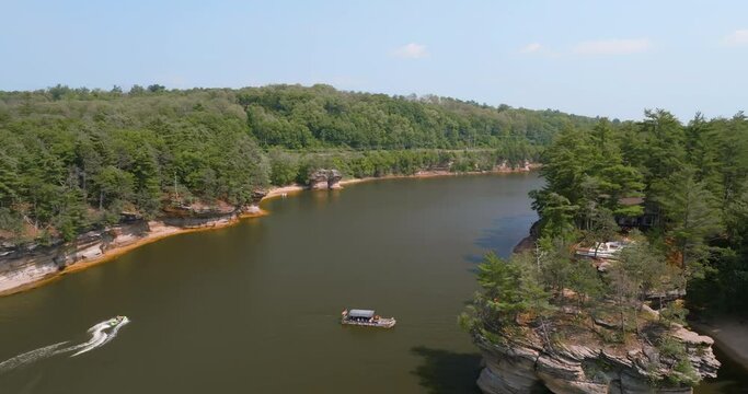 Aerial view of Wisconsin River at Wisconsin Dells boat and kayaks on the river, summertime