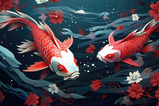Koi fish. Vector Japanese traditional illustrations of red koi fish