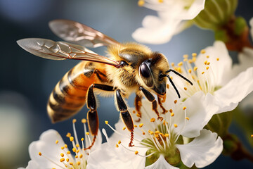 Generative AI Image of Honey Bee Insect Perched on a White Flowering Plant