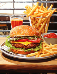 hamburger with french fries and ketchup on a wooden table