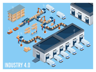 3D isometric Industry 4.0 concept with Internet of Things (IoT), Cloud computing, AI and machine learning, Edge computing, Cybersecurity and Digital twin. Vector illustration eps10