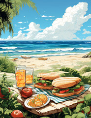 Sandwiches on the beach with a glass of juice. Vector illustration
