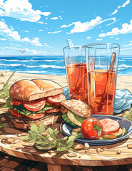 Sandwiches on the beach with fresh juice. Vector illustration.