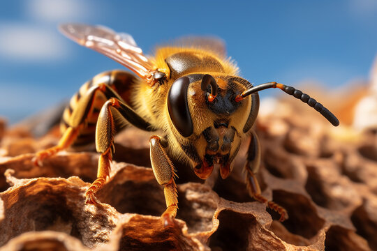 Generative AI Image of Honey Bee Insect Perched on a Paper Wasp Nest with Blue Background