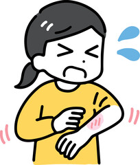 腕がかゆくて困っている私服の若い女性(上半身)