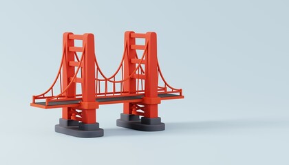 Golden Gate Bridge, San Francisco Isolated on Blue Background. Travelling and holidays to California, USA. Travel famous landmarks or world attractions concept. 3d Render illustration.