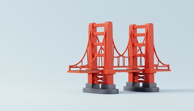 Golden Gate Bridge, San Francisco Isolated on Blue Background. Travelling and holidays to California, USA. Travel famous landmarks or world attractions concept. 3d Render illustration.