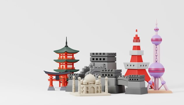 Eastern Famous landmarks of the world grouped together isolated on white background. Travelling and holidays. Travel famous landmarks or world attractions concept. 3d Render illustration.