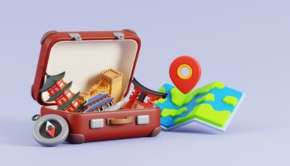Cartoon of open suitcase with landmarks of Seoul, South Korea and map. 3D render.