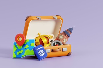 Cartoon of open suitcase with landmarks of London, England. 3D render.