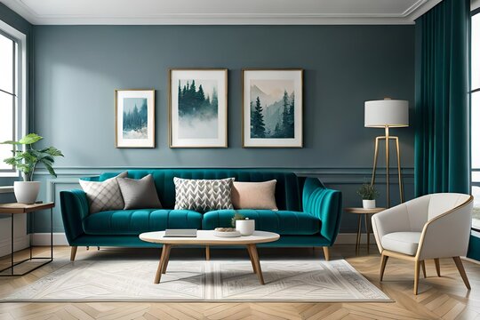 3D illustration, Mockup photo frame on the wall of living room, Interior with beautiful furniture, decoration in christmas theme, rendering.