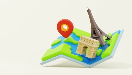 3d cartoon of Eiffel Tower and Arc De Triomphe on map with pin. Landmarks in Paris, France. 3D Render.