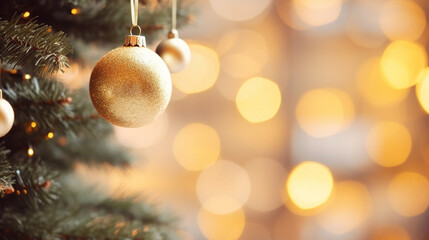 Christmas tree with golden bauble ornament decoration on blur background with copy space for design. happy new year and holiday seasonal festive backdrop concept 