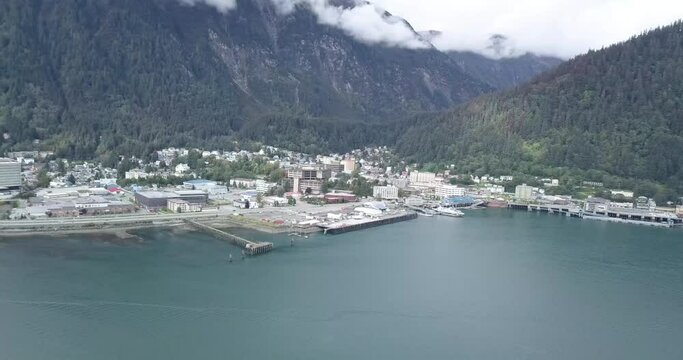 Juneau Alaska, Slow Orbit, Aerial of Docks, and Downtown.