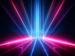 Abstract neon lights laser beam of blue and red color. On dark background