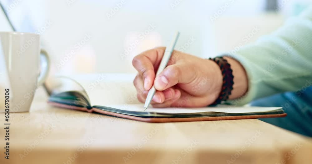 Poster inspiration, hand and man with a notebook, writing and anxious with ideas, copywriting and career. z