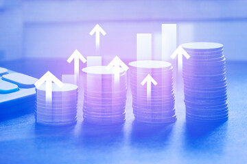 income management , stack of coins with growing business graph