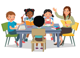 Female teacher teaching explaining and discuss lesson with her students at the table