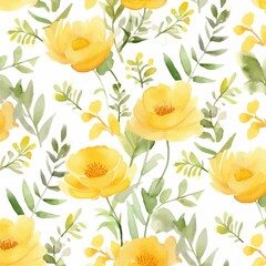 Watercolor seamless pattern with yellow flowers. Hand painted floral background.