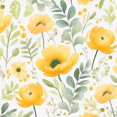 Watercolor seamless pattern with yellow flowers. Hand painted floral background.