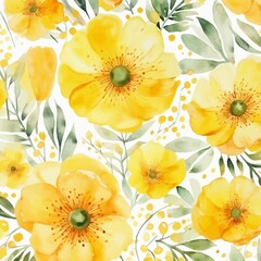 Watercolor seamless pattern with yellow flowers. Hand painted floral background.