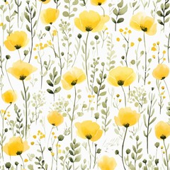 Watercolor seamless pattern with yellow flowers. Hand painted floral background.