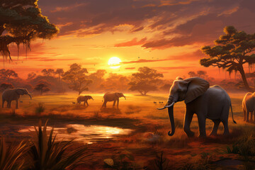 A majestic African savanna with lush and animals, generative AI