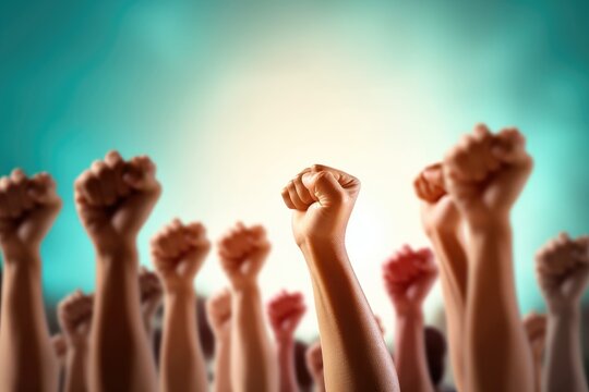 Raised hands on abstract background. Human rights and freedom concept.