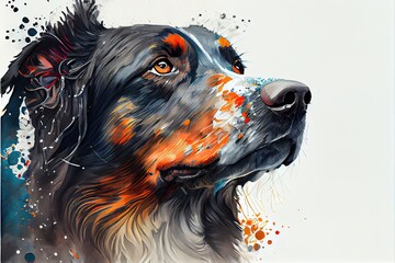 Black and brown dog watercolor illustration with color drip