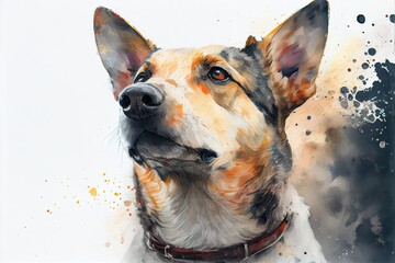 Dog head with collar. Aquarelle illustration. Front view.