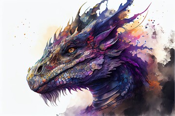 Dragon head on white background. Profile view. Watercolor illustration.