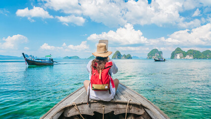 Traveler woman on boat joy nature view scenic landscape group of small island Krabi, Attraction famous place tourist travel Phuket Thailand holiday vacation trip, Tourism beautiful destination Asia