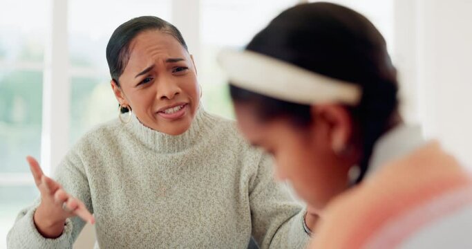 Discipline, mother lecture and child bad behaviour with tantrum and angry with parent on sofa. Home, conversation and development lesson of mom with kid about youth problem and conflict from fight