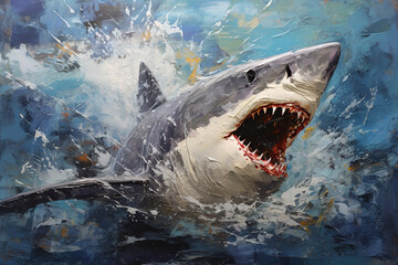 Fototapeta premium Beautiful painting of a shark with open mouth and angry in the sea. Undersea animals. Illustration, Generative AI.