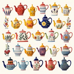 A collection of colorful teapots with different designs.