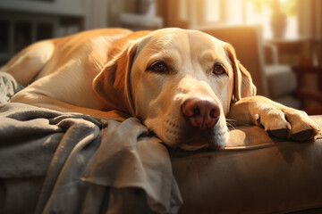Image of cute labrador dog lying on sofa. Pet. animals. Illustration, Generative AI.