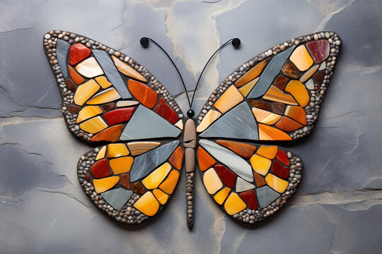 Image of butterfly made with various stones gathered together. Insect. Animals. Illustration, Generative AI.