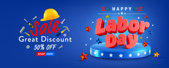 Labor Day Sale Banner Template.USA Labor Day celebration Sale with Yellow safety helmet, hammer and screwdriver tools.Sale promotion advertising Poster or Banner for Labor Day
