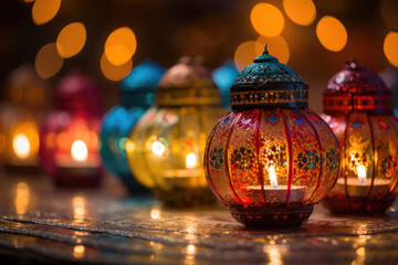 Happy Diwali festival with diya oil lamp and floral mandala on blurred bokeh background. Colorful traditional festival of lights celebration. Generative AI