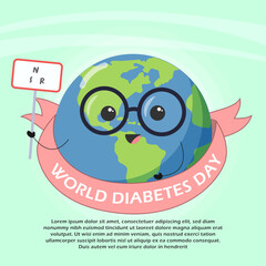 Flat Vector Illustration from World Diabetes Day. Design Concept with Cartoon Earth Hold a Warning Board and Ribbon. For Poster, Flyer, Banner, or Background