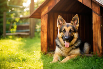 German shepherd has a rest in a dog house in the yard